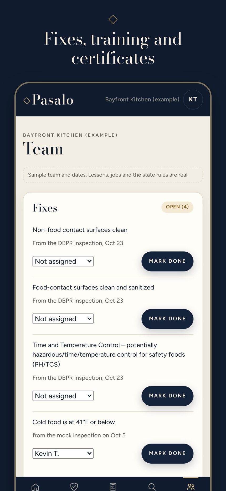 Pasalo team screen for owners and managers